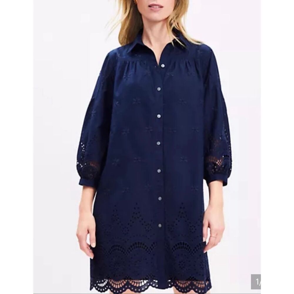 Loft navy eyelet collared shirt dress size M petite